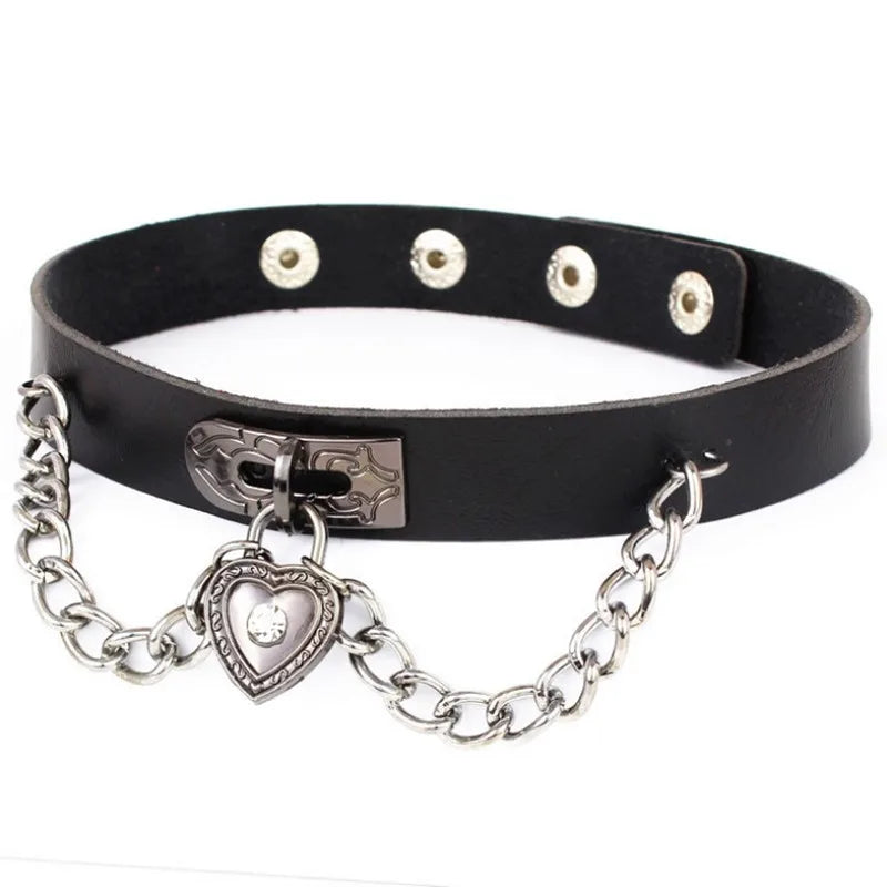 Harajuku Punk Rock Gothic Choker Necklace Women Sexy PU Leather Heart Lock Key Spike Collar Chocker Gothic Cosplay Accessories-I’m Over 21 - She Vibess By C2P