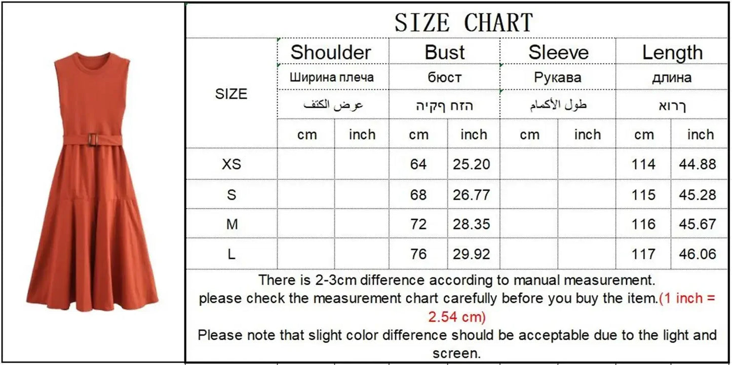 BWQ New Women Solid Patchwork Dress With Belt Elegant Office Ladies Sleeveless O-neck Dress Vintage Causal A-line Long Dress - She Vibess By C2P