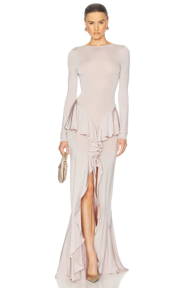 Mozision Backless Ruffled Sexy Maxi Dress For Women Gown Fashion O Neck Long Sleeve Thigh High Split Evening Long Dress Elegant - She Vibess By C2P