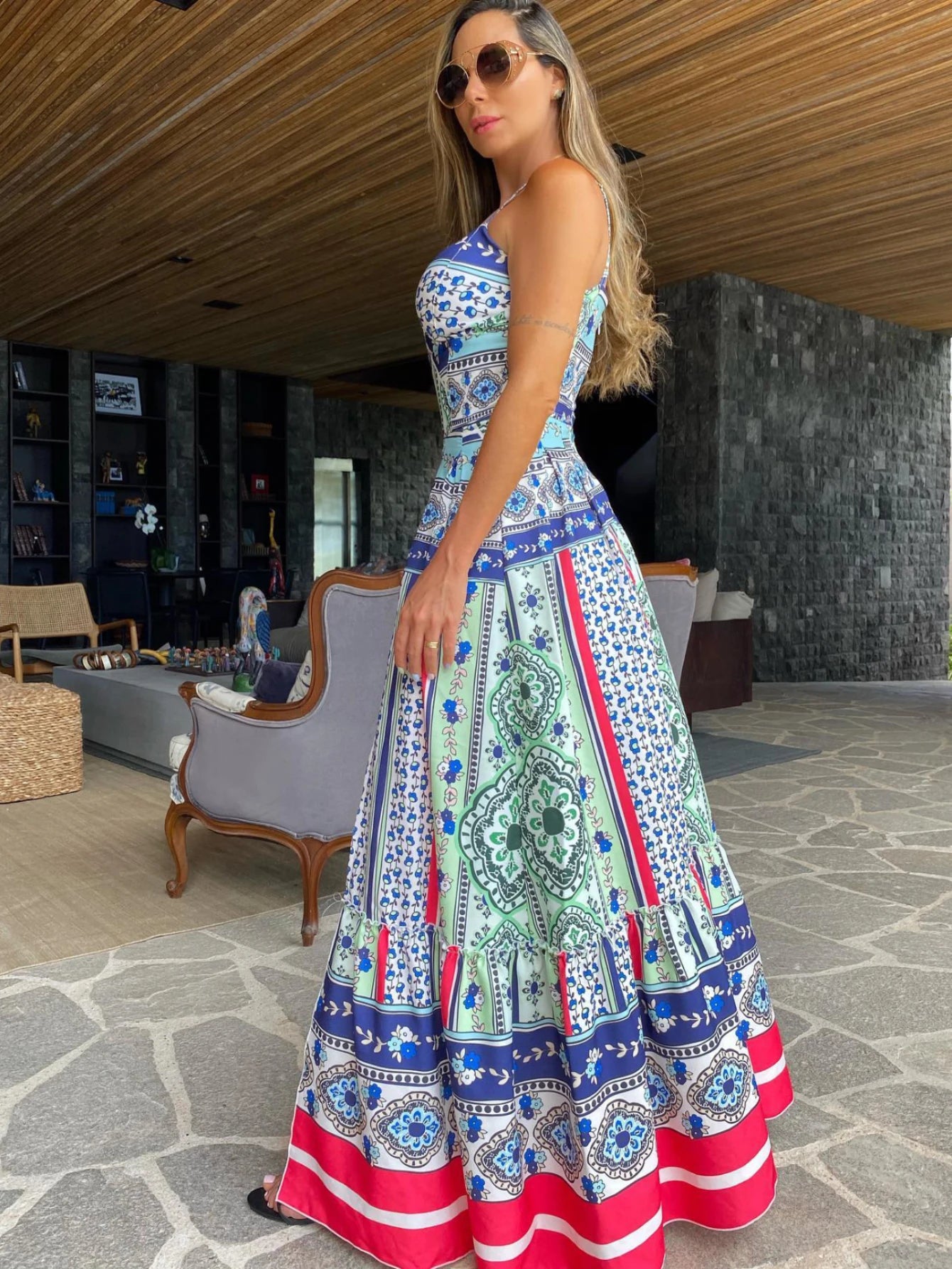 Summer Print Long Dress Women Clothing Lace Up Sling Party Dresses Pattern Strappy Ladies Hollow Out V-Neck Beach Vestidos - She Vibess By C2P
