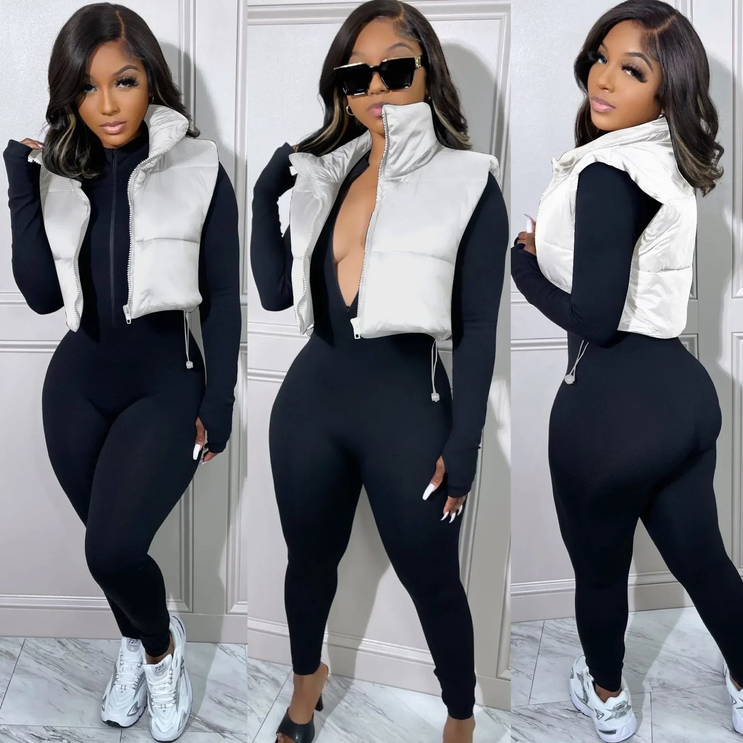 Women's Winter Vest Fashion Faux Leather Padded Jacket Coat Vintage PU Black And White Female Short Waistcoat Chic Clothes Tops - She Vibess By C2P
