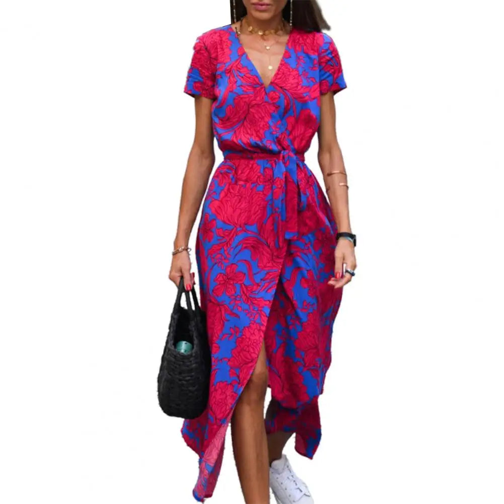 Lady Midi Dress Contrast Color Summer Vacation Holiday Lady Midi Dress Split Dot Print Summer Beach Dress Female Clothes - She Vibess By C2P