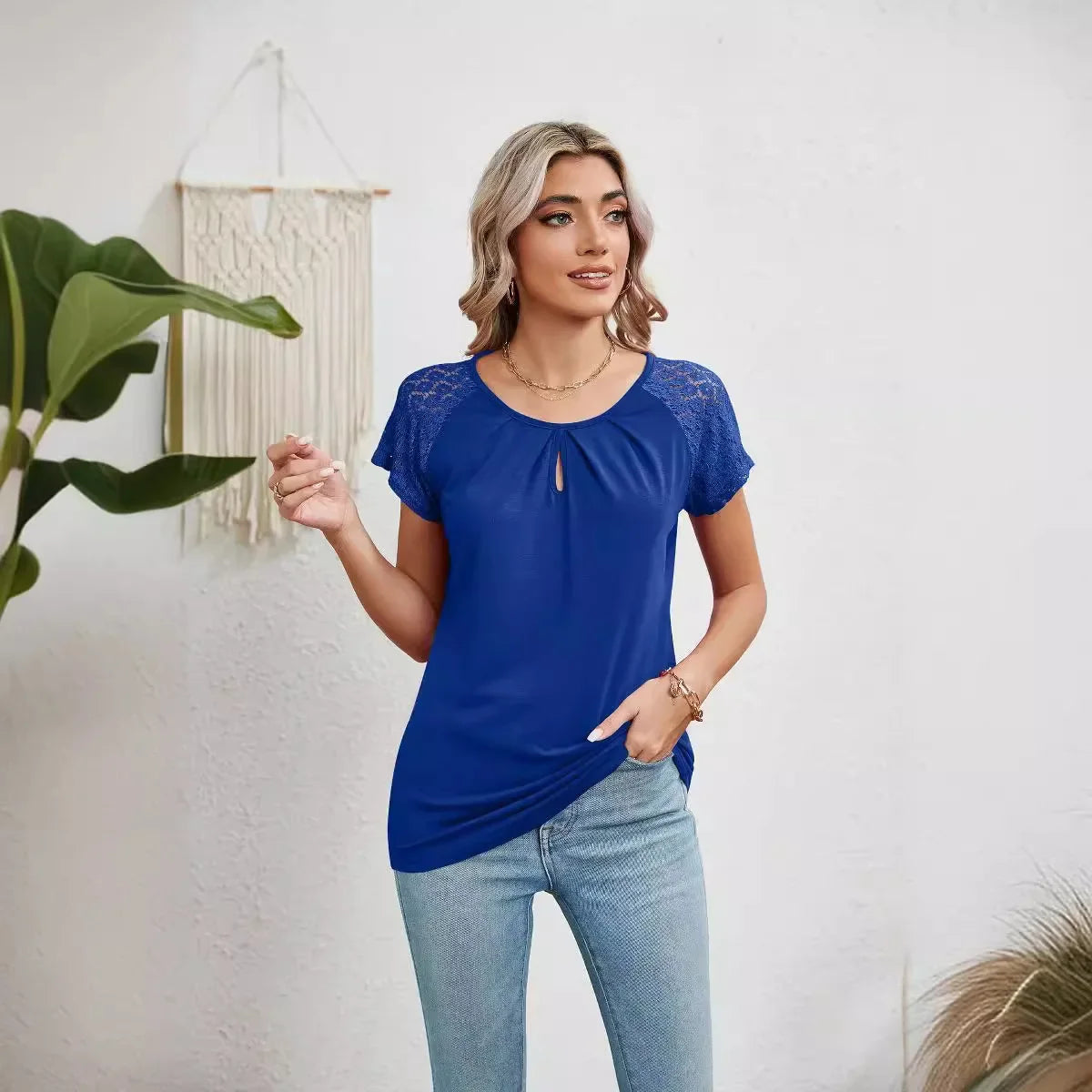 2025 New Women Summer Top Solid Round Neck Lace Patchwork Short Sleeved T-shirt Top Casual Tops Unique Tees Women's Clothing - She Vibess By C2P