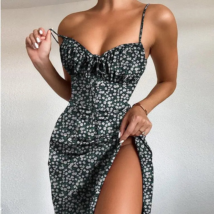Flower Printed Spaghetti Strap Dresses For Women Sexy Low Cut Beach Party Slim Slit Dress Chic Bodycon Lady Sleeveless Vestidos - She Vibess By C2P