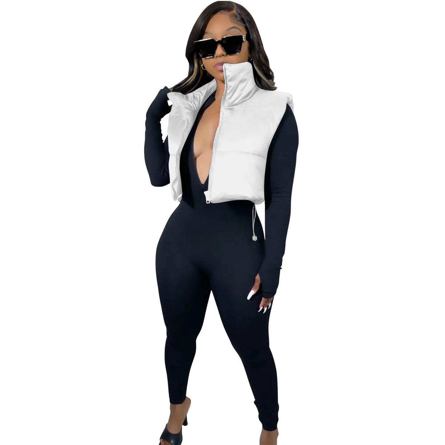 Women's Winter Vest Fashion Faux Leather Padded Jacket Coat Vintage PU Black And White Female Short Waistcoat Chic Clothes Tops - She Vibess By C2P