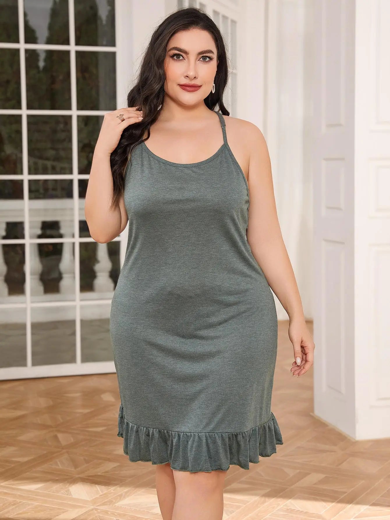 Plus Size Halter Women's Dress Ruffle Hem Solid Color Sundresses V Neck Back Cut Out Sexy Summer Clothing A Line Dresses - She Vibess By C2P