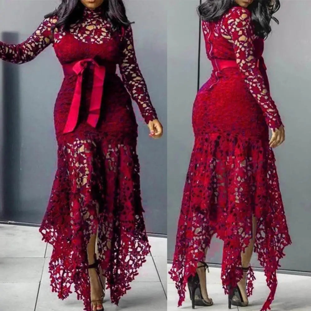 Bowtie Women Lace Dress 2024 Autumn Long Sleeve Stain Bow Belted Irregular Hem Hollow Out Sexy Bodycon Dress Evening Party Dress - She Vibess By C2P