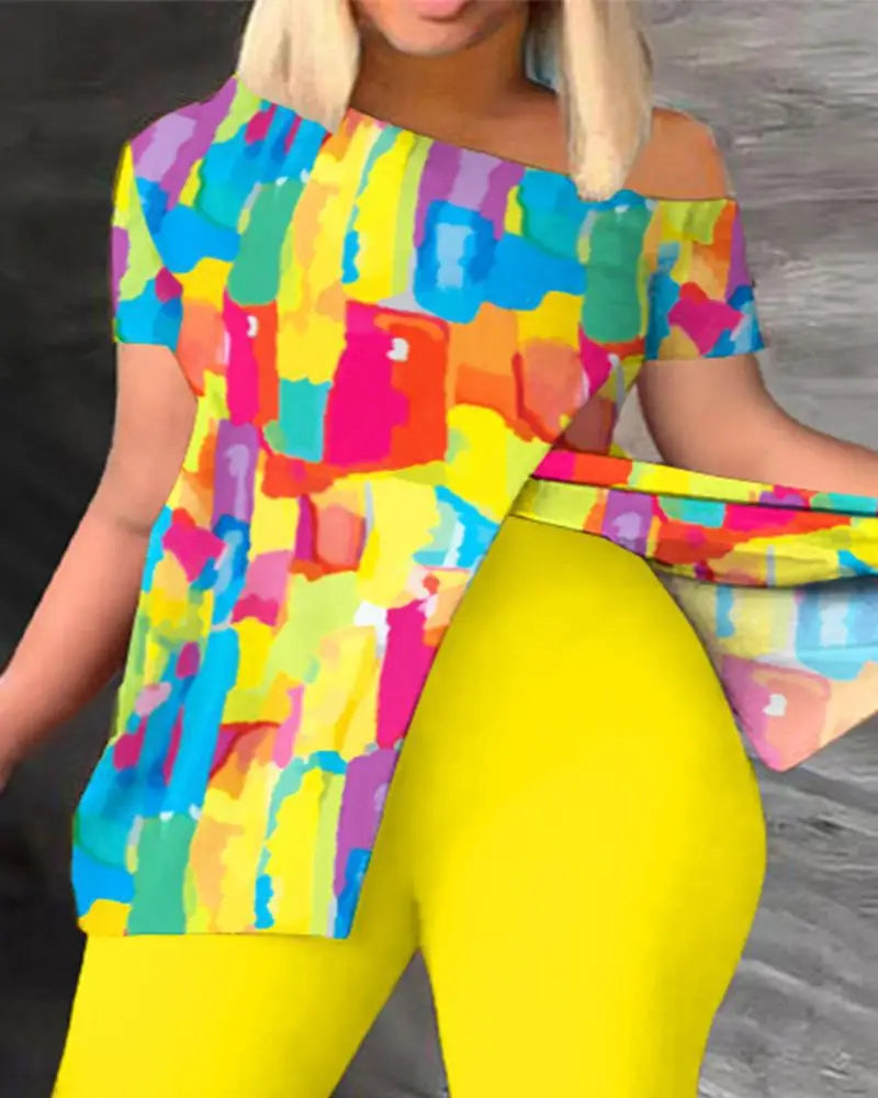 Elegant Women Two Piece Set Suits New Fashion Printed Ruffle Sleeve Top Solid Color Pants Set With Belt Blouses Female Clothing - She Vibess By C2P