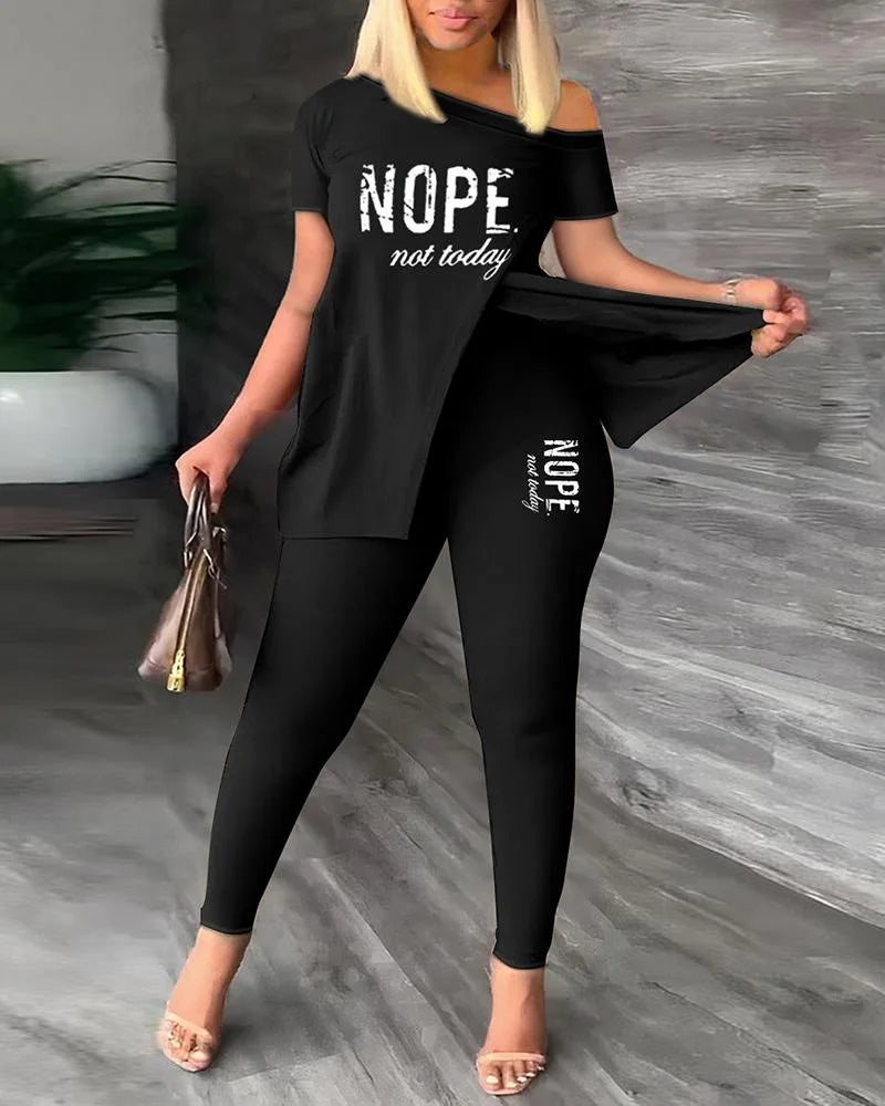 Elegant Women Two Piece Set Suits New Fashion Printed Ruffle Sleeve Top Solid Color Pants Set With Belt Blouses Female Clothing - She Vibess By C2P