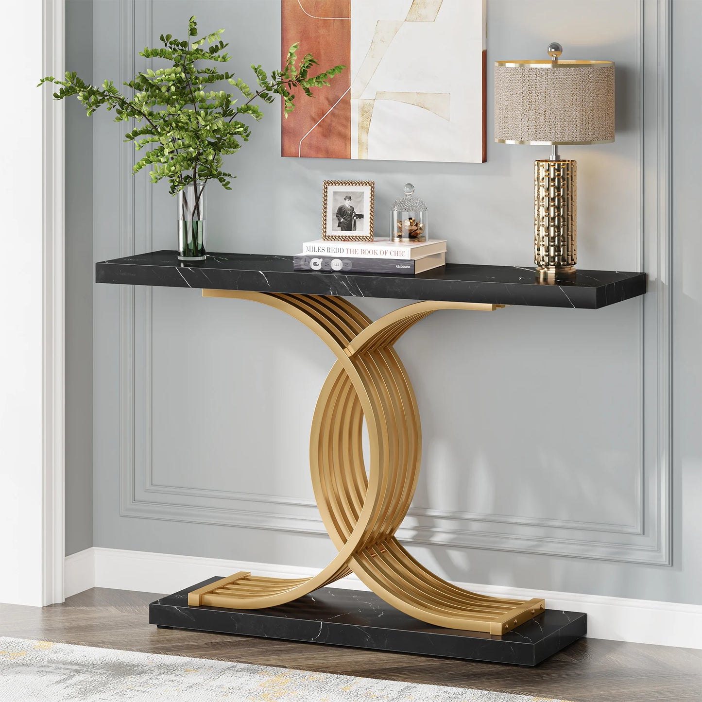 Tribesigns Gold Entryway Table, Modern 39-Inch Console Faux Marble Narrow Wood Sofa with Geometric Metal Legs - She Vibess By C2P