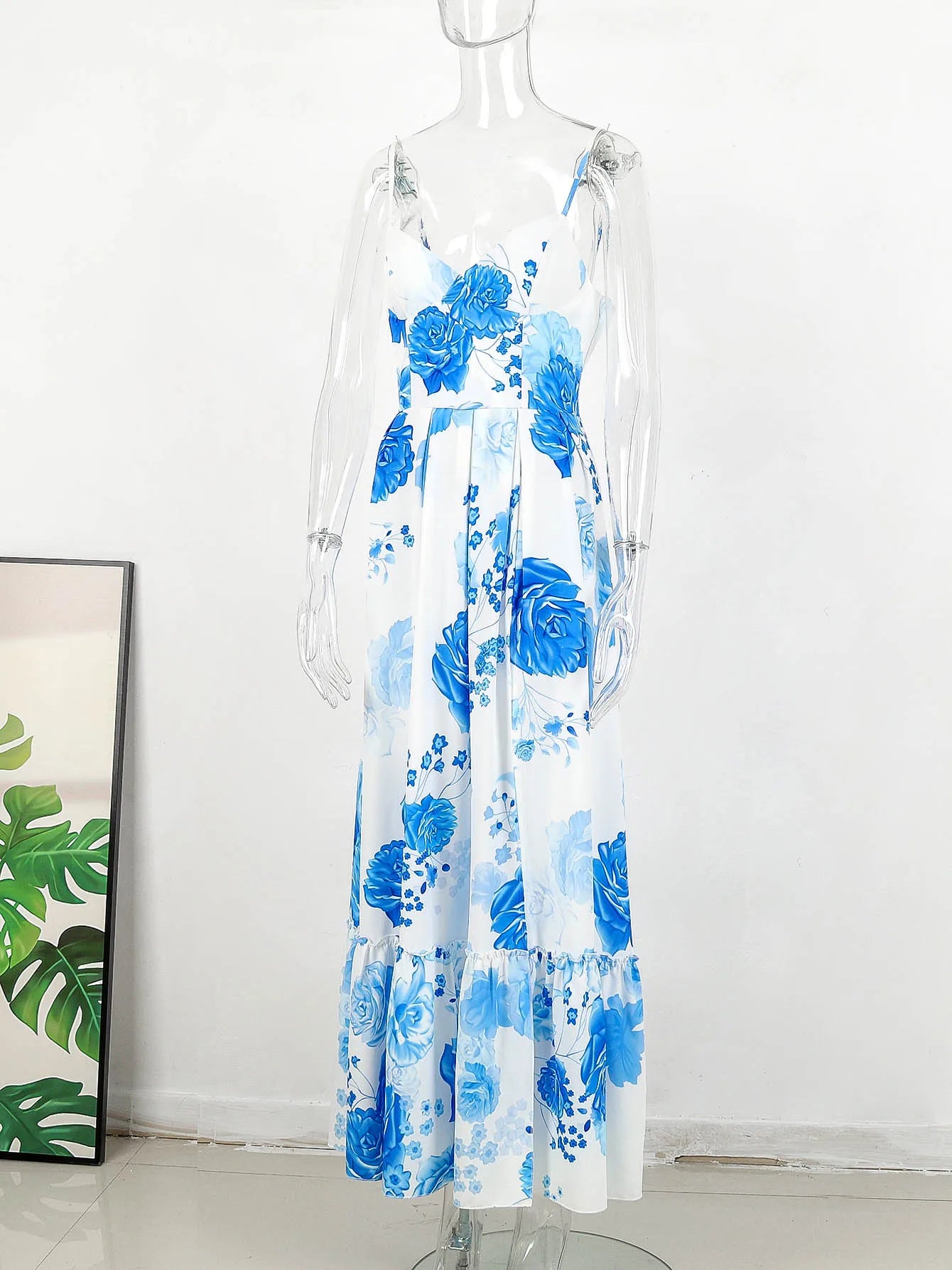 Summer Print Long Dress Women Clothing Lace Up Sling Party Dresses Pattern Strappy Ladies Hollow Out V-Neck Beach Vestidos - She Vibess By C2P