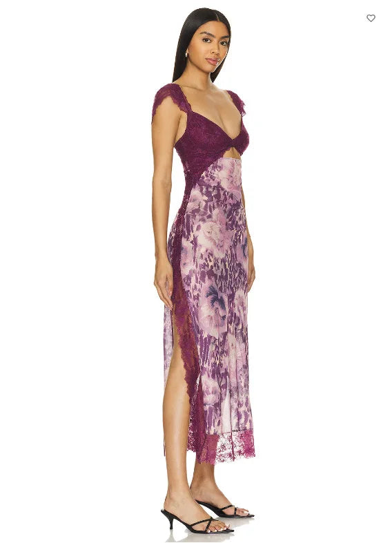 Summer New Lace Backless Shoulder Strap Splicing Slit Pattern Long Dress Women's Clothing - She Vibess By C2P