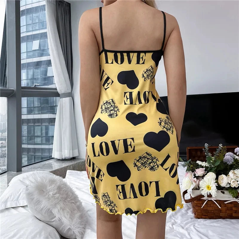 Summer New Women's Nightgown Beauty Back Thin Section Of Home Wear Sexy Halter Short Skirt Love Cartoon Cute Printing Pajamas - She Vibess By C2P
