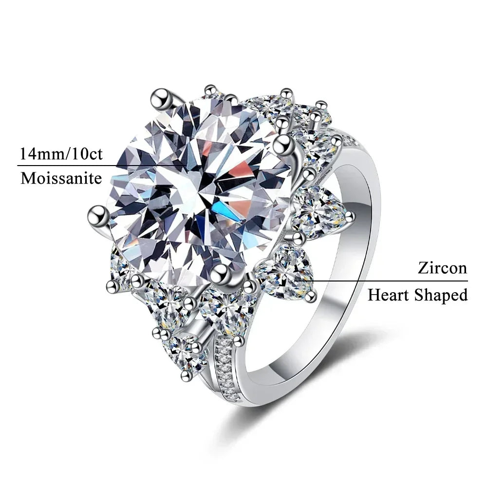 FEOBUR 10CT Moissanite Ring with Certificate for Women 100% 925 Sterling Silver Sunflower Diamond Rings Engagement Jewelry Wedding Band - She Vibess By C2P