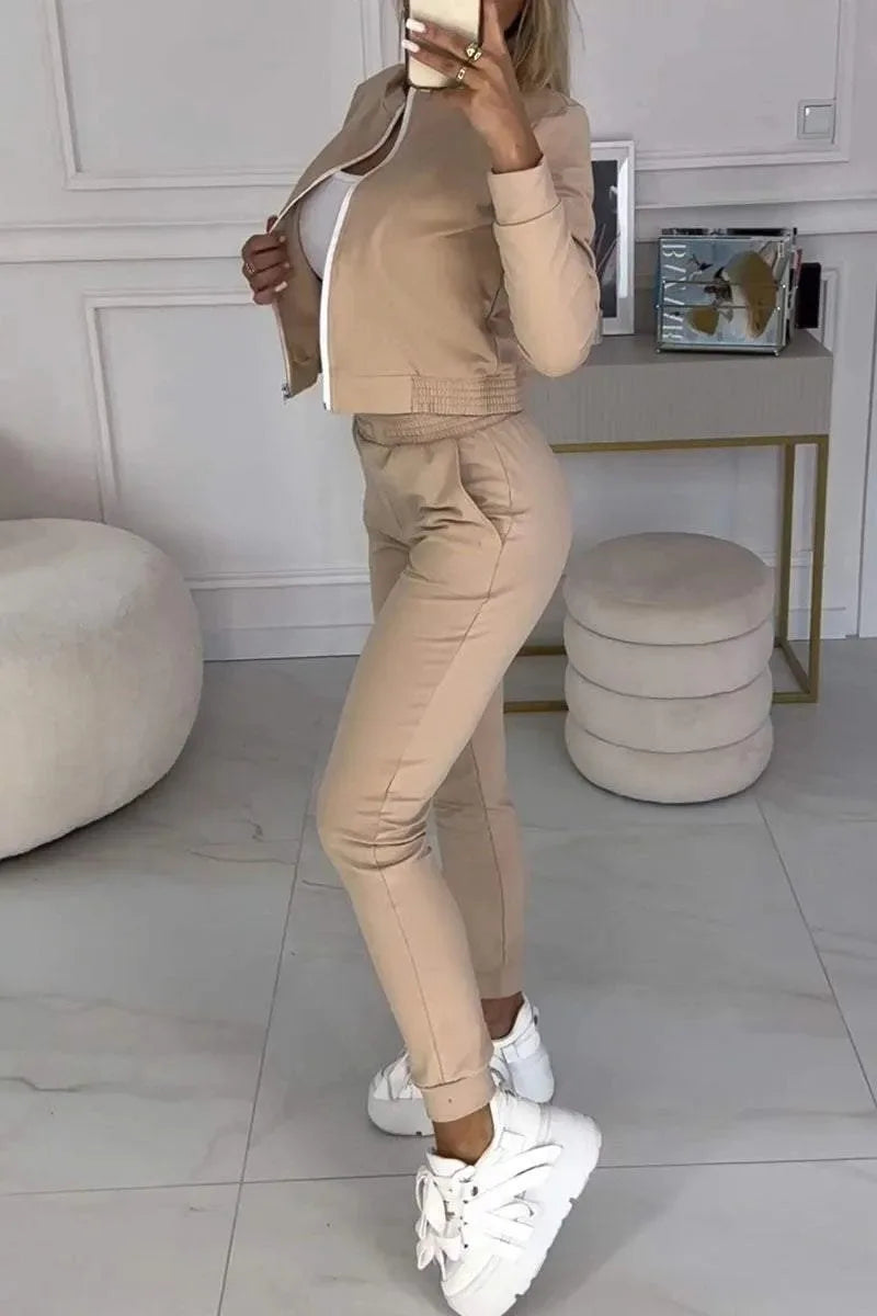 Sporty Casual Long Sleeve Zipper Solid Jacket 3 Pieces Set Women Autumn Workout Skinny Tank Tops Coat + Pants Matching Set Mujer - She Vibess By C2P