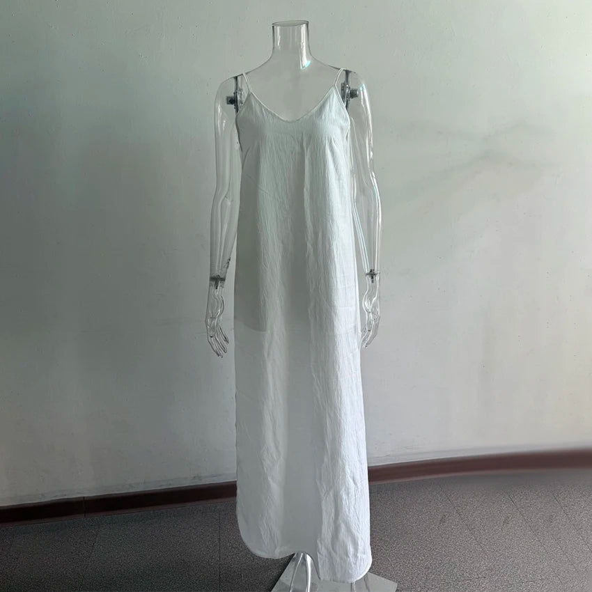 HiLoc Casual Loose White Long Dress Robe 2025 New Summer V Neck Dresses For Women Spring Sleeveless Straight Robes Nightgown - She Vibess By C2P