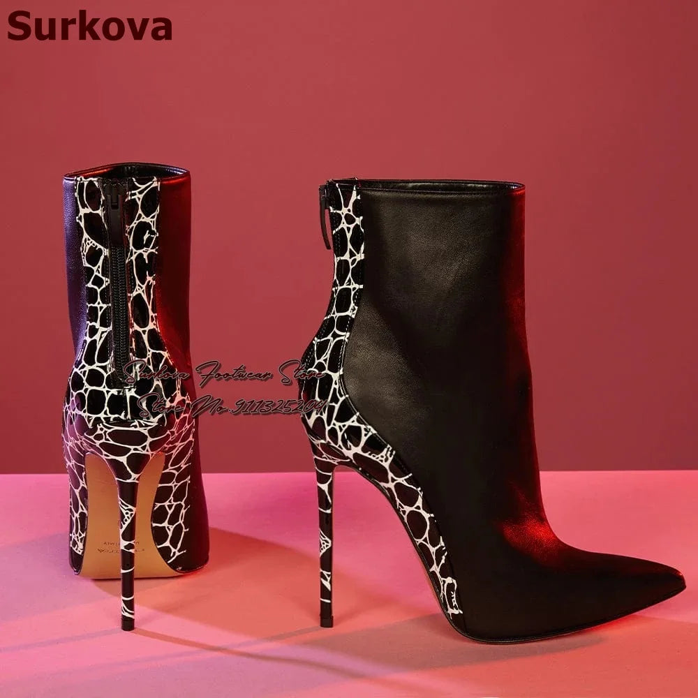 Surkova Red Snakeskin Patchwork Suede Pointed Toe Ankle Boots Women Python Thin High Heel Short Booties Back Zipper Dress Shoes - She Vibess By C2P
