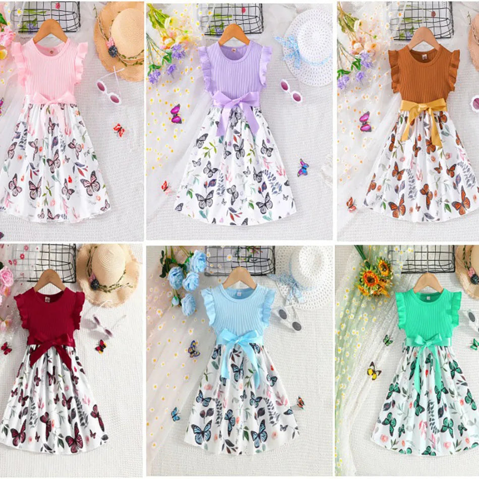Cute and Comfortable Girls Summer Dress with Butterfly Print and Pitted Stripes Wear Special Occasions Girls Casual Dresses - She Vibess By C2P