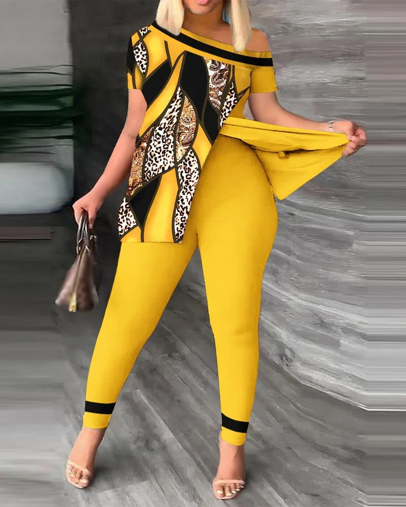 Elegant Women Two Piece Set Suits New Fashion Printed Ruffle Sleeve Top Solid Color Pants Set With Belt Blouses Female Clothing - She Vibess By C2P