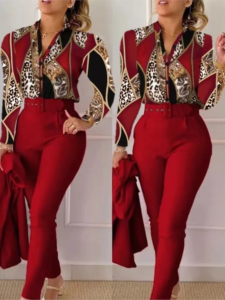 Autumn Winter Stand Neck Floral Print Long Sleeve Shirt Pants Two Piece Sets Elegant Women Casual Shirt Trousers Suits With Belt - She Vibess By C2P