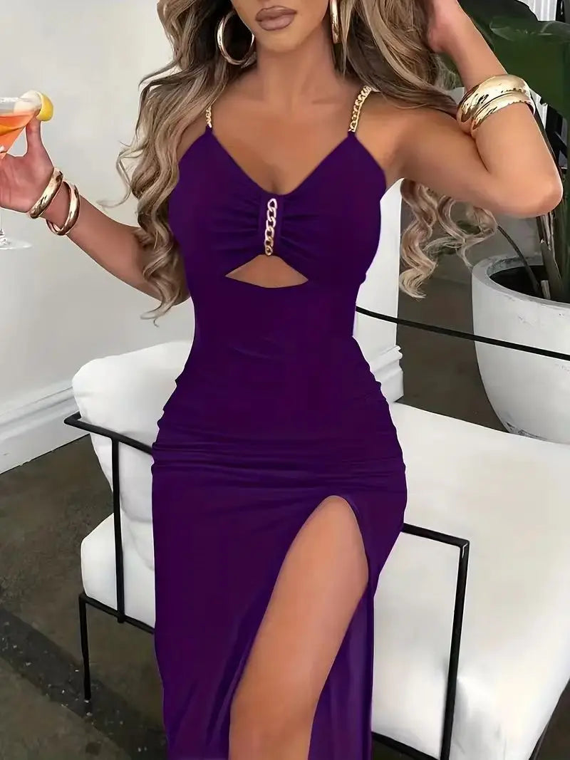 Slip Dress Women Sexy Sundress Split Chain Hollow Out V Neck Sleeveless Maxi Gown Bodycon Vestidos Party Sheath Dresses 2025 - She Vibess By C2P