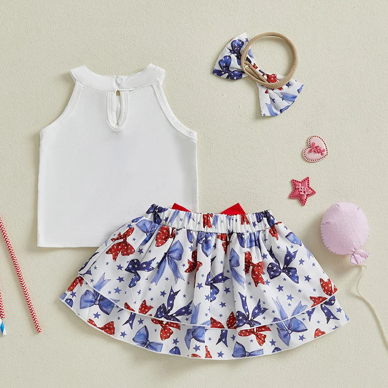 Independence Day Toddler Girls Outfit Set with Sleeveless Tank Top Bow Skirt and Headband - Patriotic Baby Clothes for 4th of - She Vibess By C2P