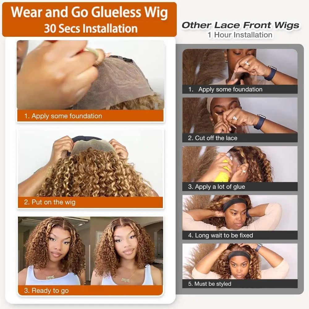 Deep Wave Honey Blonde Glueless Bob Wigs Human Hair Pre Plucked Pre Cut Highlight Wear and Go Curly Wigs Ombre HD Lace Front Wig - She Vibess By C2P