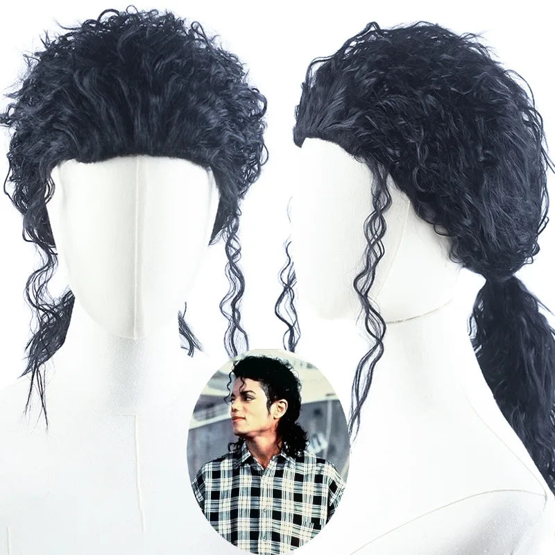 MJ Michael Cosplay Black Wig Jackson Michael Role Play Medium Long Curly Black Hair Pigtail Wig Halloween Cos Wigs + wig cap - She Vibess By C2P