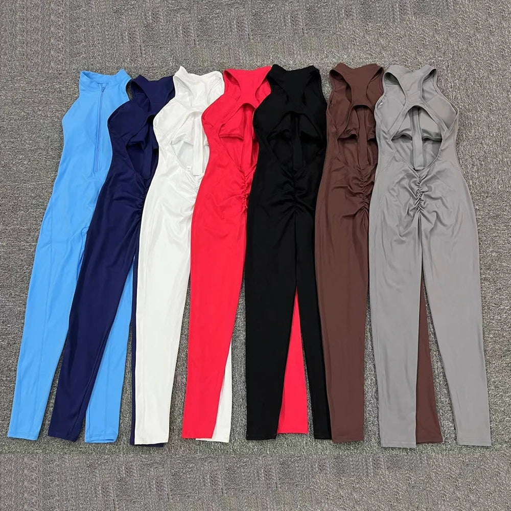 Yoga Women's Padded Workout Suit One-Piece Jumpsuit Workout Set Sports Fitness Overalls Gym Clothing Zipper Long Short 2025 New - She Vibess By C2P