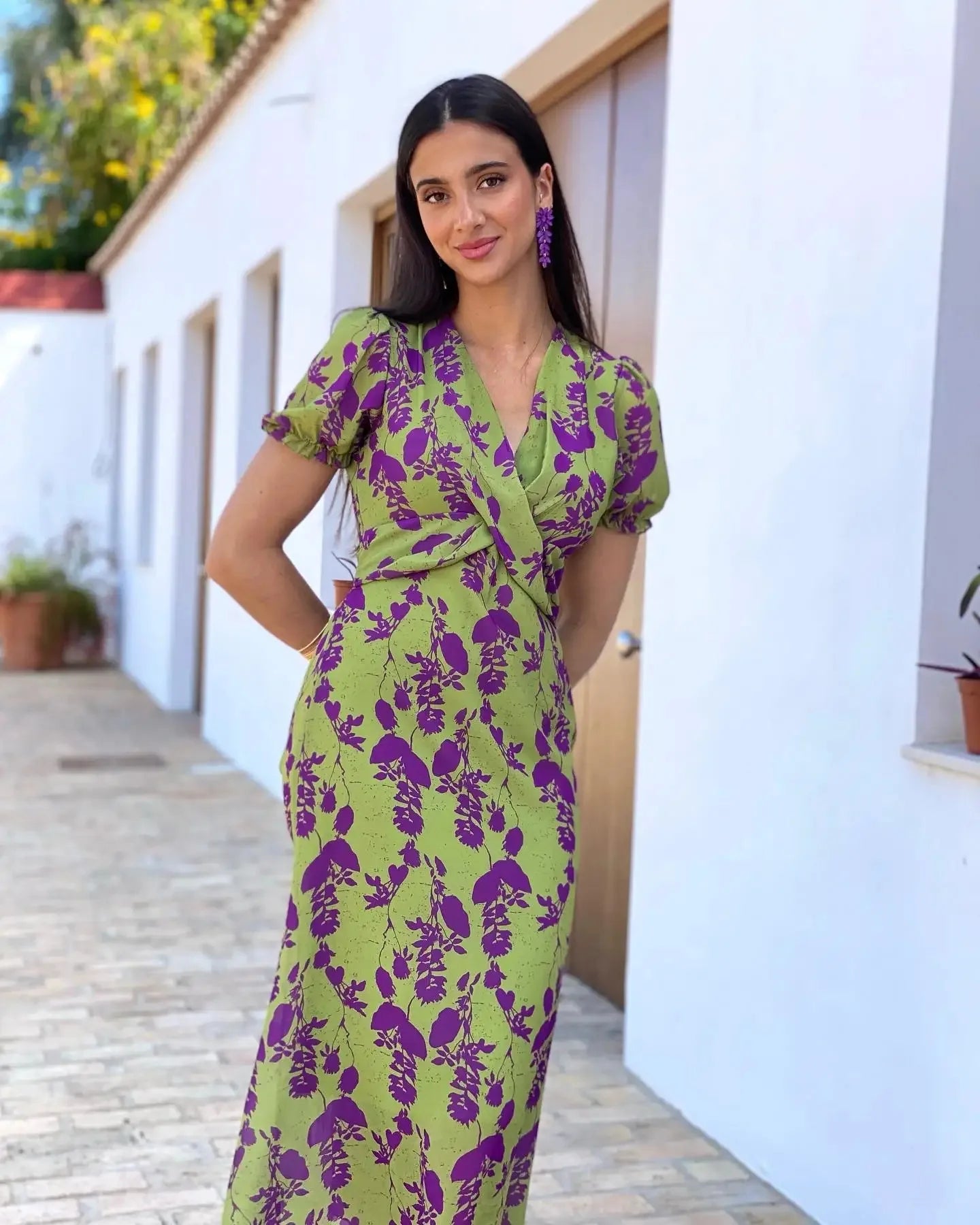 Summer Short Sleeve Print Long Dress Women Elegant Party Sexy Slim V Neck Green Dresses Elegantes Street Evening Vestidos - She Vibess By C2P