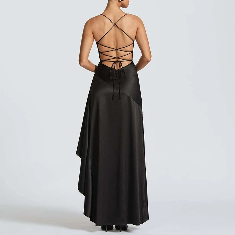 Sexy Slash Neck Slim Ruffle Banquet Dress Women Spring Backless Lace-up Long Irregular Dress Summer Sleeveless Hollow Maxi Dress - She Vibess By C2P