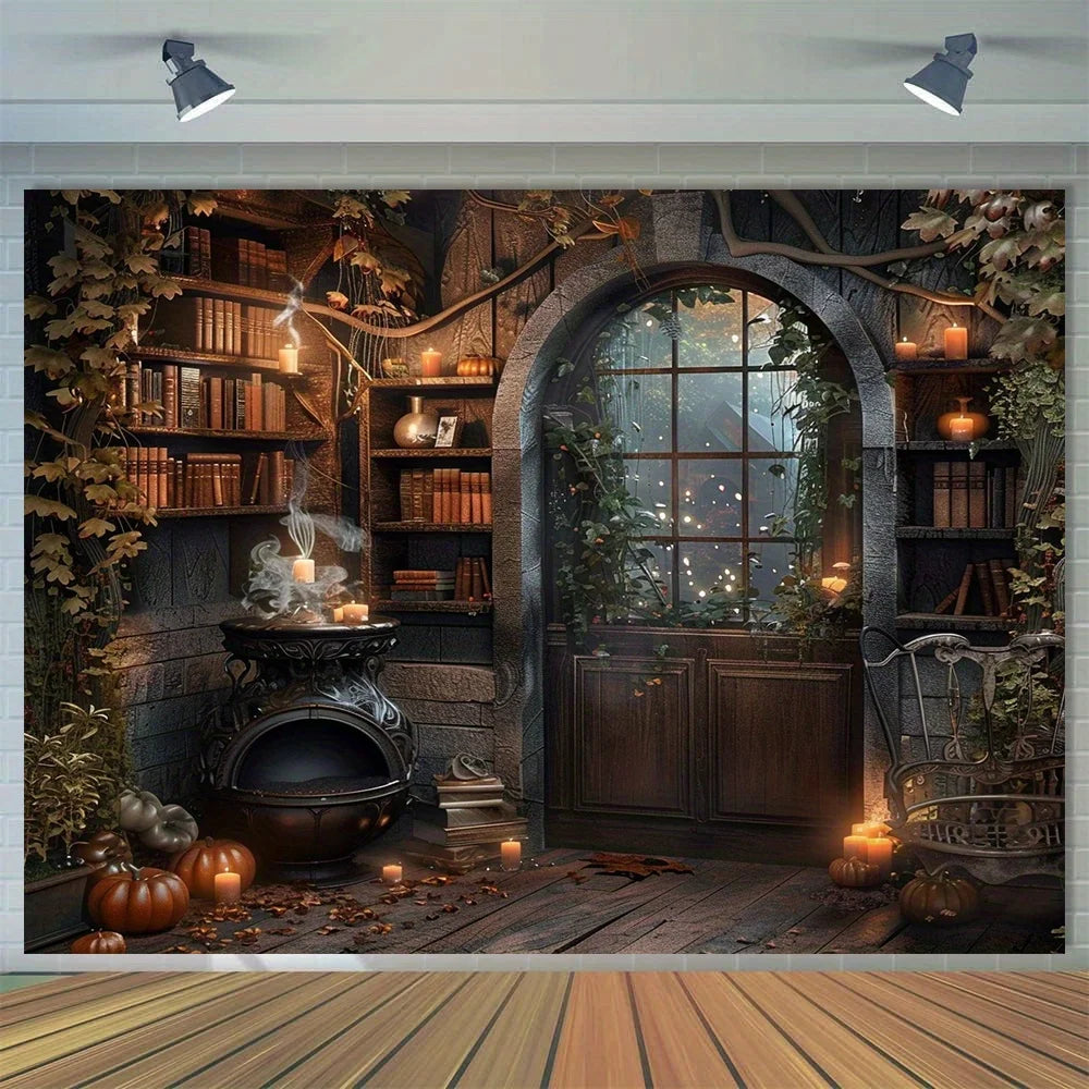 Halloween witch and potion background universal, retro medieval wizard theme for parties and outdoor decorations - She Vibess By C2P