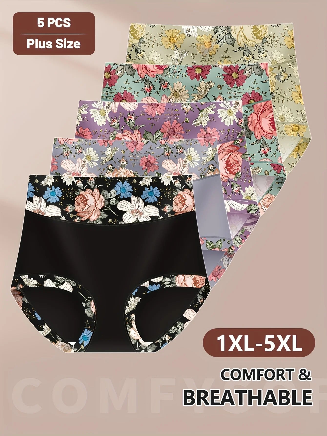 5-Pack Plus Size Panties for Women Ladies Multi Color Panties Underwear Breathable Wholesale High Waist Printed Underwear - She Vibess By C2P