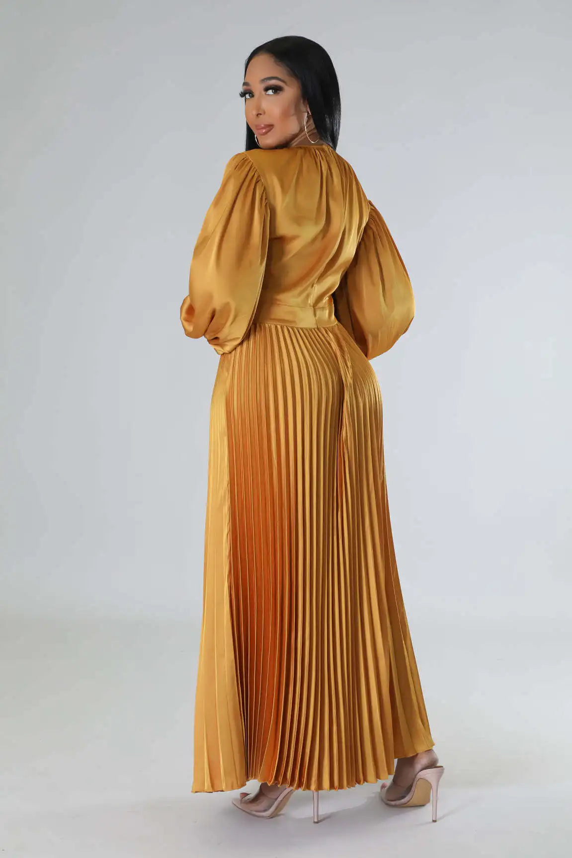 2024 Spring Pleated Loose Fit Maxi Dresses Women Solid Ruched Lantern Sleeve Party Evening Wedding Long Dress Women - She Vibess By C2P