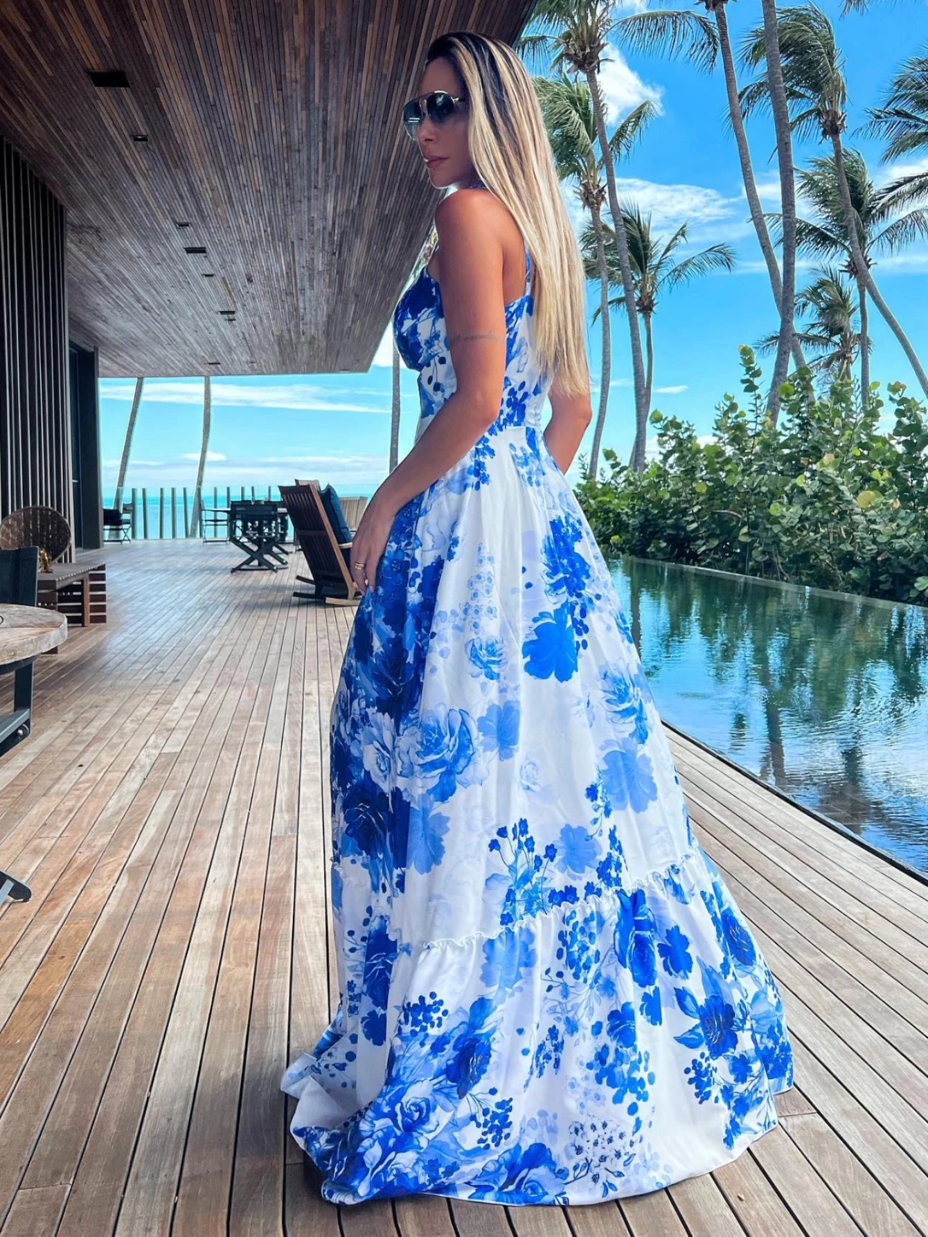 Summer Print Long Dress Women Clothing Lace Up Sling Party Dresses Pattern Strappy Ladies Hollow Out V-Neck Beach Vestidos - She Vibess By C2P