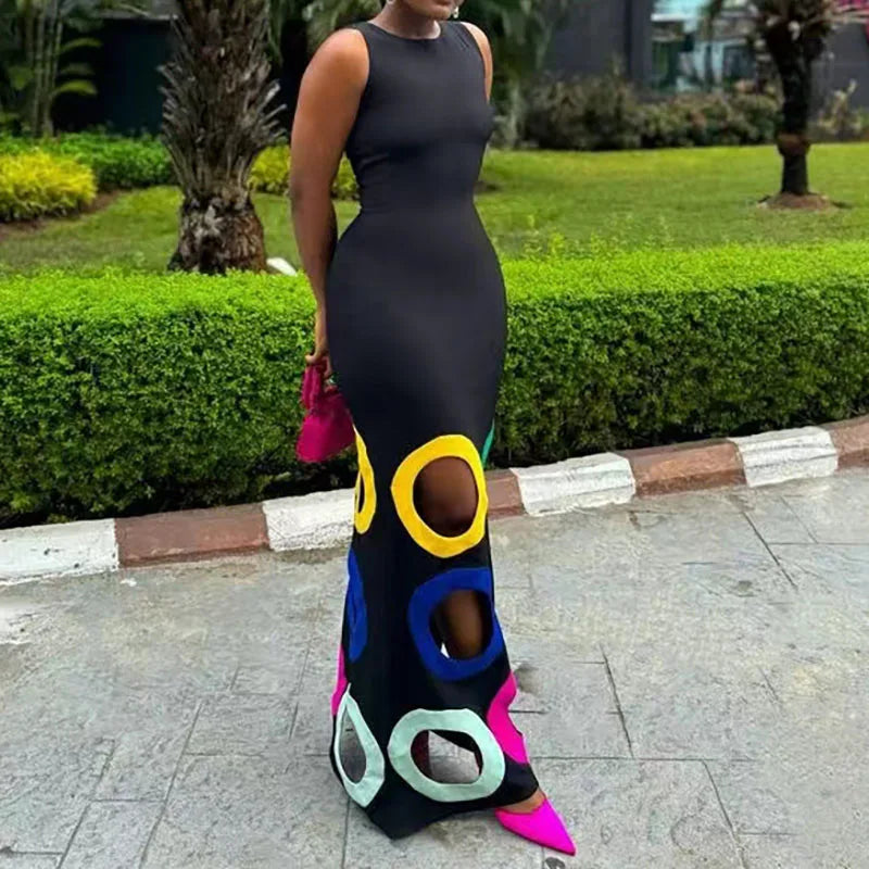 Summer Black Slim Hollow Sexy Party Vacation Long Dress Women's Elegant Casual Sleeveless Sundress New High Waist Evening Dress - She Vibess By C2P