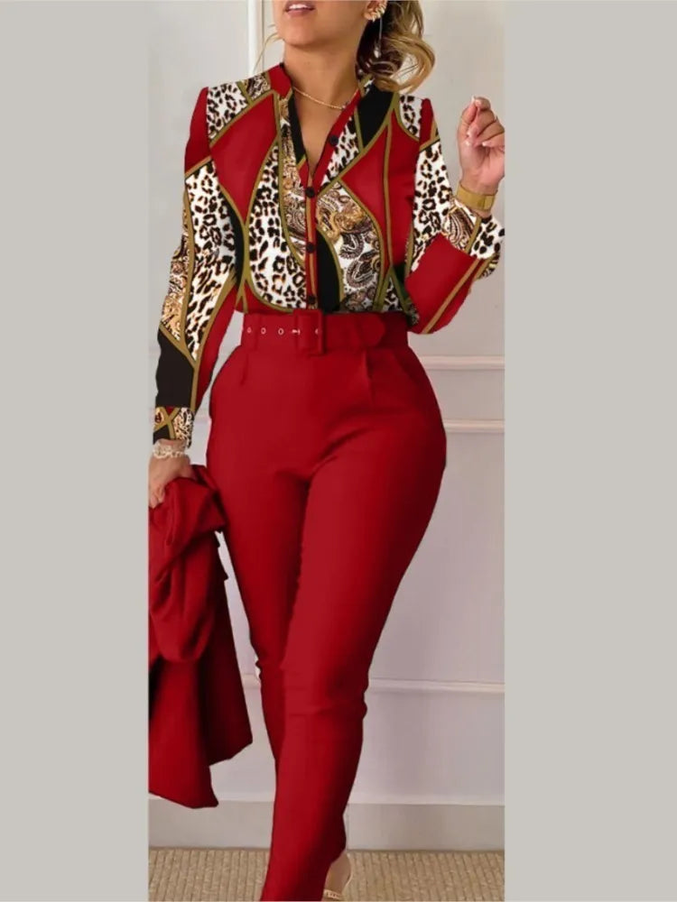 Autumn Winter Stand Neck Floral Print Long Sleeve Shirt Pants Two Piece Sets Elegant Women Casual Shirt Trousers Suits With Belt - She Vibess By C2P