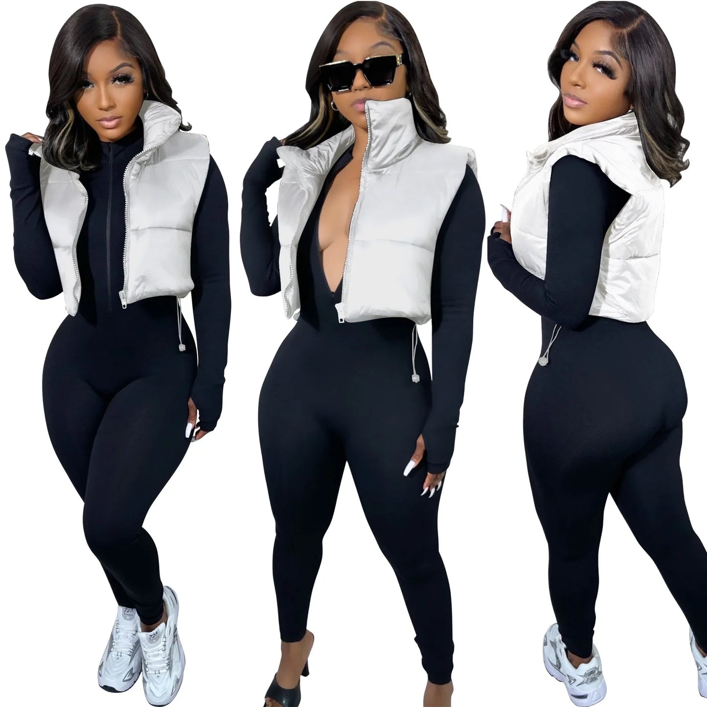 Women's Winter Vest Fashion Faux Leather Padded Jacket Coat Vintage PU Black And White Female Short Waistcoat Chic Clothes Tops - She Vibess By C2P