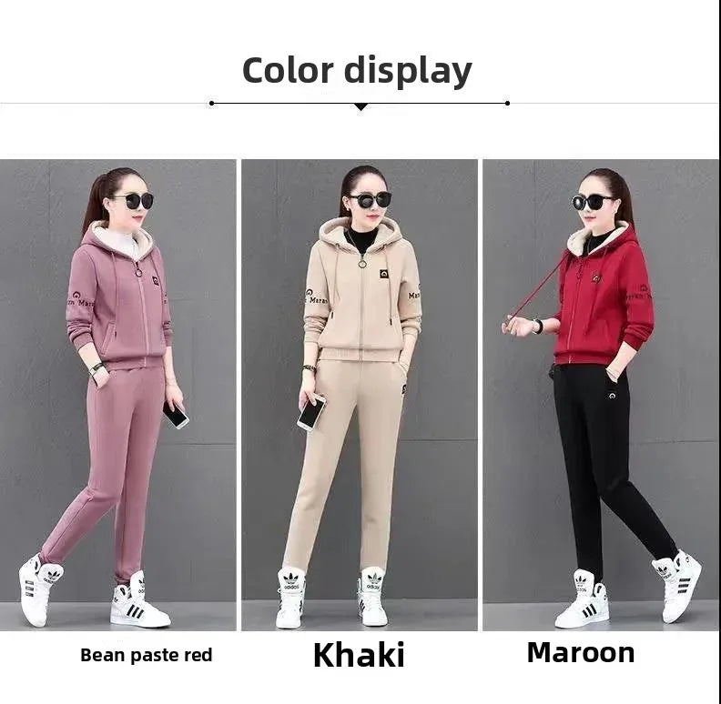 Fashionable Thickened Fleece Set Women's Loose Casual Outfit Hoodie with Pocket Two-Piece Autumn Winter Style Streetwear - She Vibess By C2P