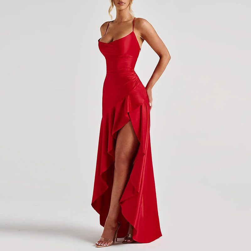 Sexy Slash Neck Slim Ruffle Banquet Dress Women Spring Backless Lace-up Long Irregular Dress Summer Sleeveless Hollow Maxi Dress - She Vibess By C2P