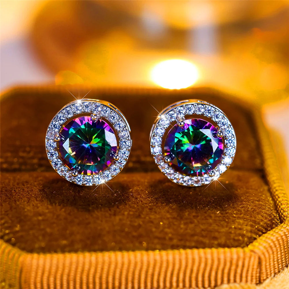 Luxury Female Crystal Purple Blue Green Round Stud Earrings Silver Color Wedding Jewelry For Women - She Vibess By C2P