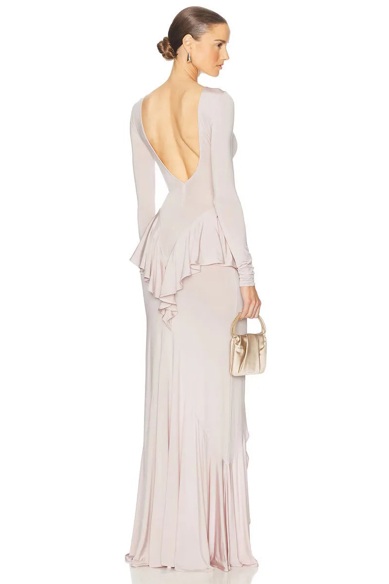 Mozision Backless Ruffled Sexy Maxi Dress For Women Gown Fashion O Neck Long Sleeve Thigh High Split Evening Long Dress Elegant - She Vibess By C2P