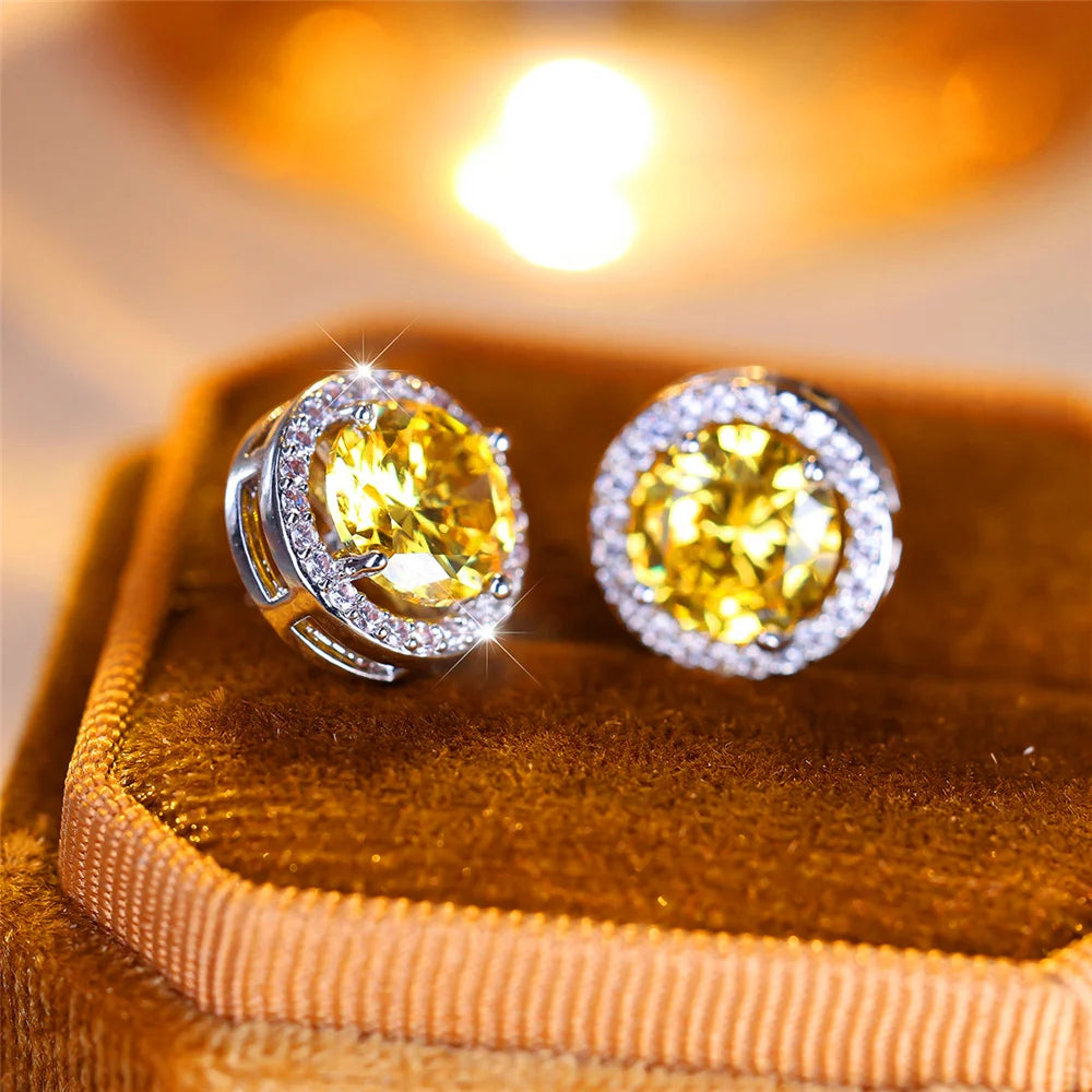 Luxury Female Crystal Purple Blue Green Round Stud Earrings Silver Color Wedding Jewelry For Women - She Vibess By C2P