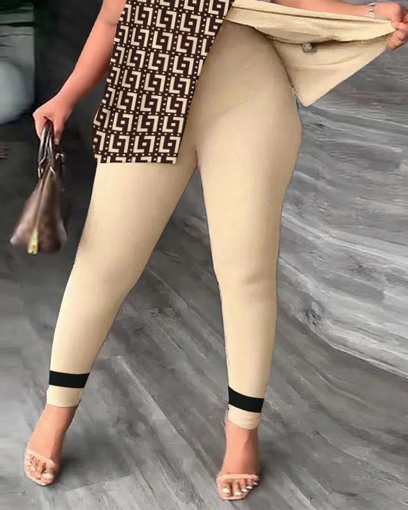 Elegant Women Two Piece Set Suits New Fashion Printed Ruffle Sleeve Top Solid Color Pants Set With Belt Blouses Female Clothing - She Vibess By C2P