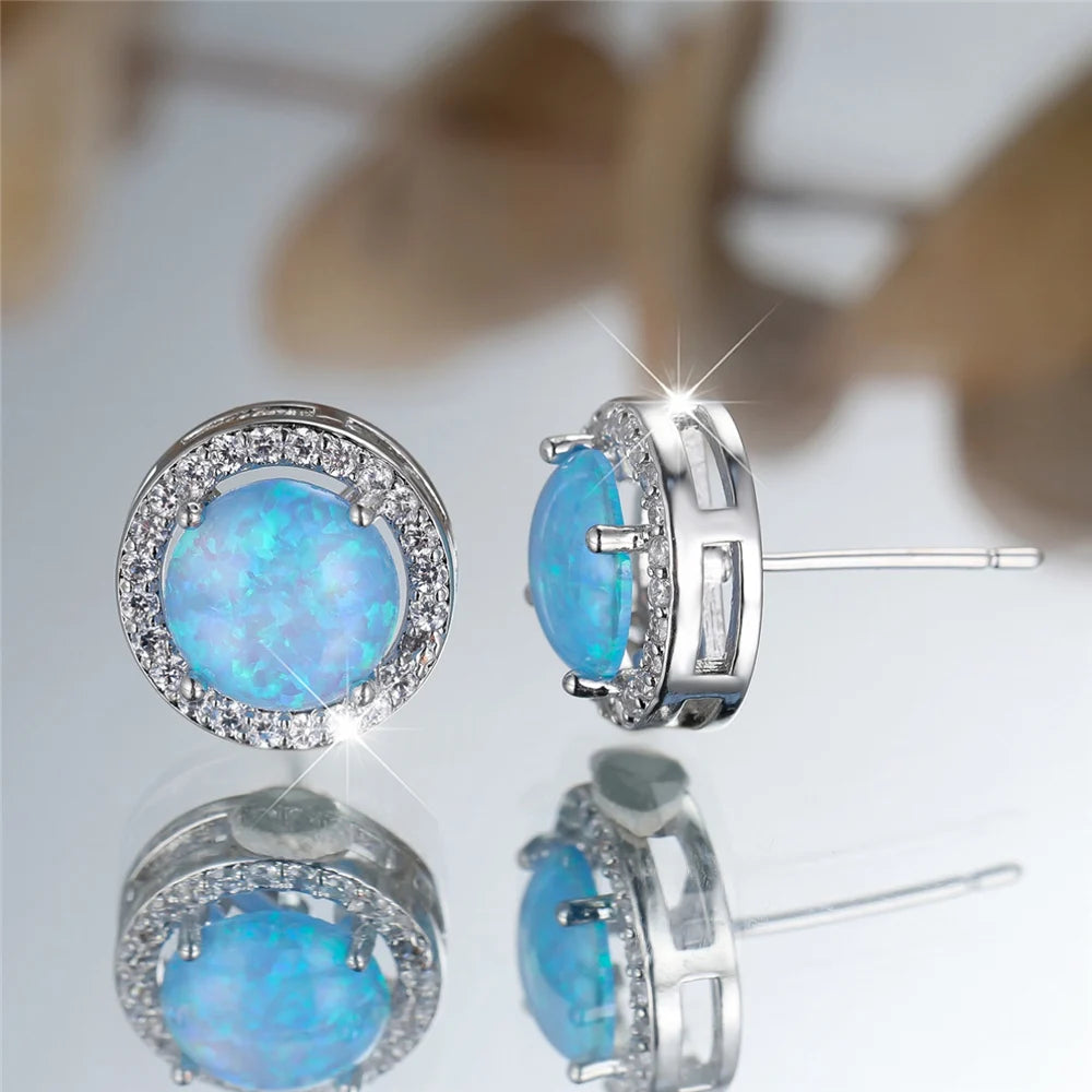 Cute Female Crystal White Blue Opal Round Stone Stud Earrings Silver Color Wedding Jewelry For Women - She Vibess By C2P