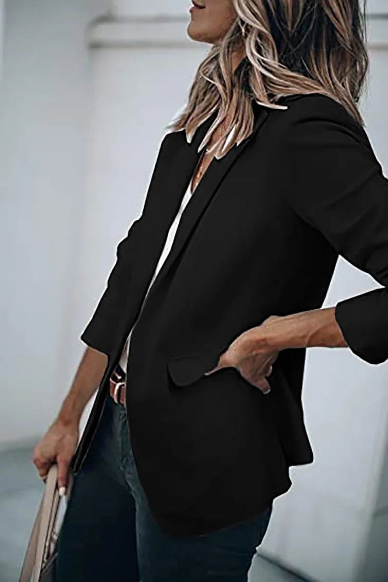 New Temperament Coat Women's Long Sleeve Solid Color Suit Collar Single Breasted Suit - She Vibess By C2P