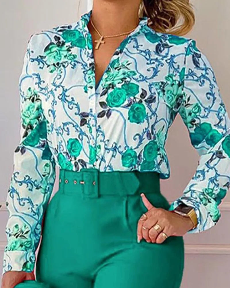 Autumn Winter Stand Neck Floral Print Long Sleeve Shirt Pants Two Piece Sets Elegant Women Casual Shirt Trousers Suits With Belt - She Vibess By C2P