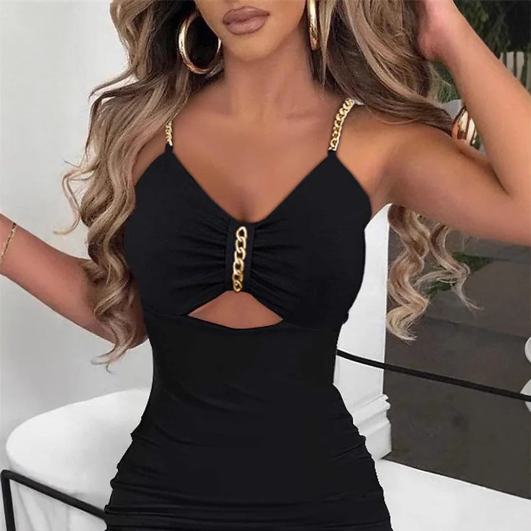 Slip Dress Women Sexy Sundress Split Chain Hollow Out V Neck Sleeveless Maxi Gown Bodycon Vestidos Party Sheath Dresses 2025 - She Vibess By C2P