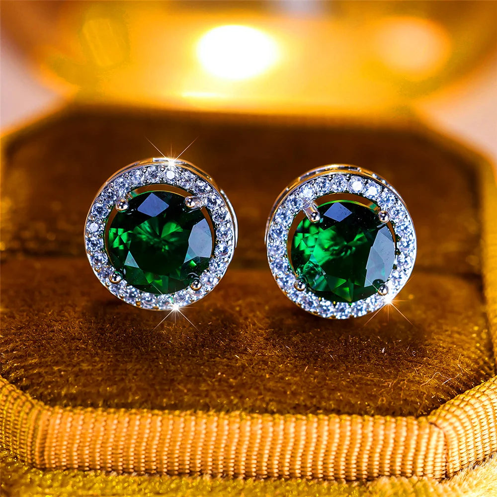 Luxury Female Crystal Purple Blue Green Round Stud Earrings Silver Color Wedding Jewelry For Women - She Vibess By C2P