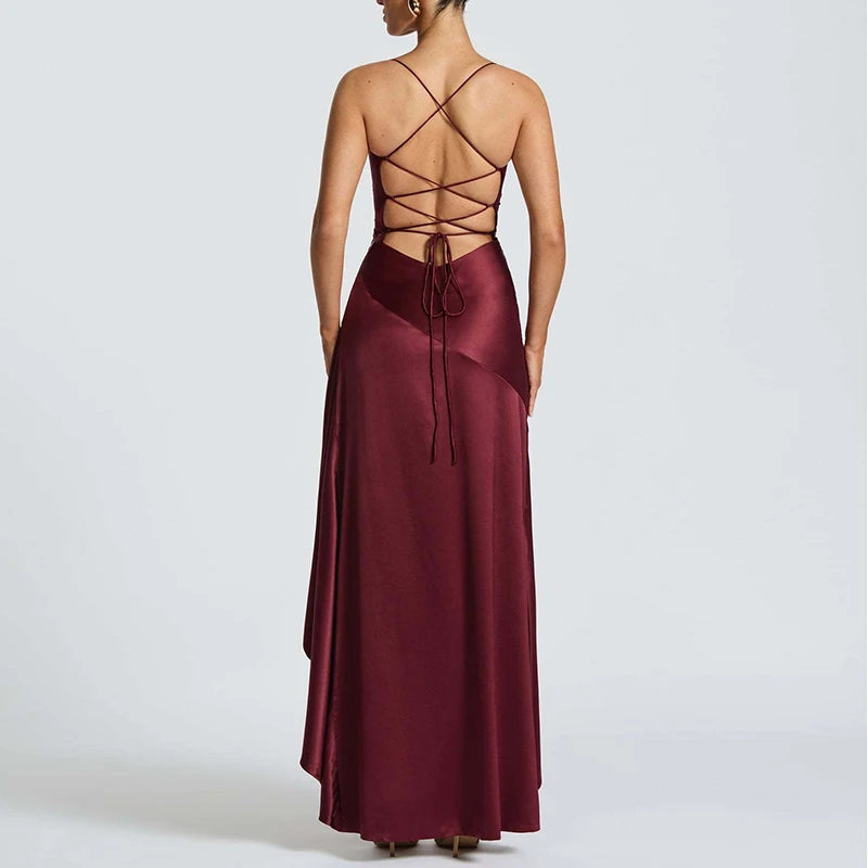 Sexy Slash Neck Slim Ruffle Banquet Dress Women Spring Backless Lace-up Long Irregular Dress Summer Sleeveless Hollow Maxi Dress - She Vibess By C2P
